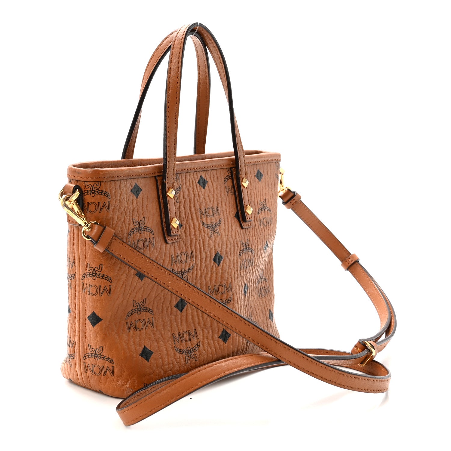 TCブラウンM MCM Visetos Mini Anya Top Zip Shopper Tote Cognac 1907543