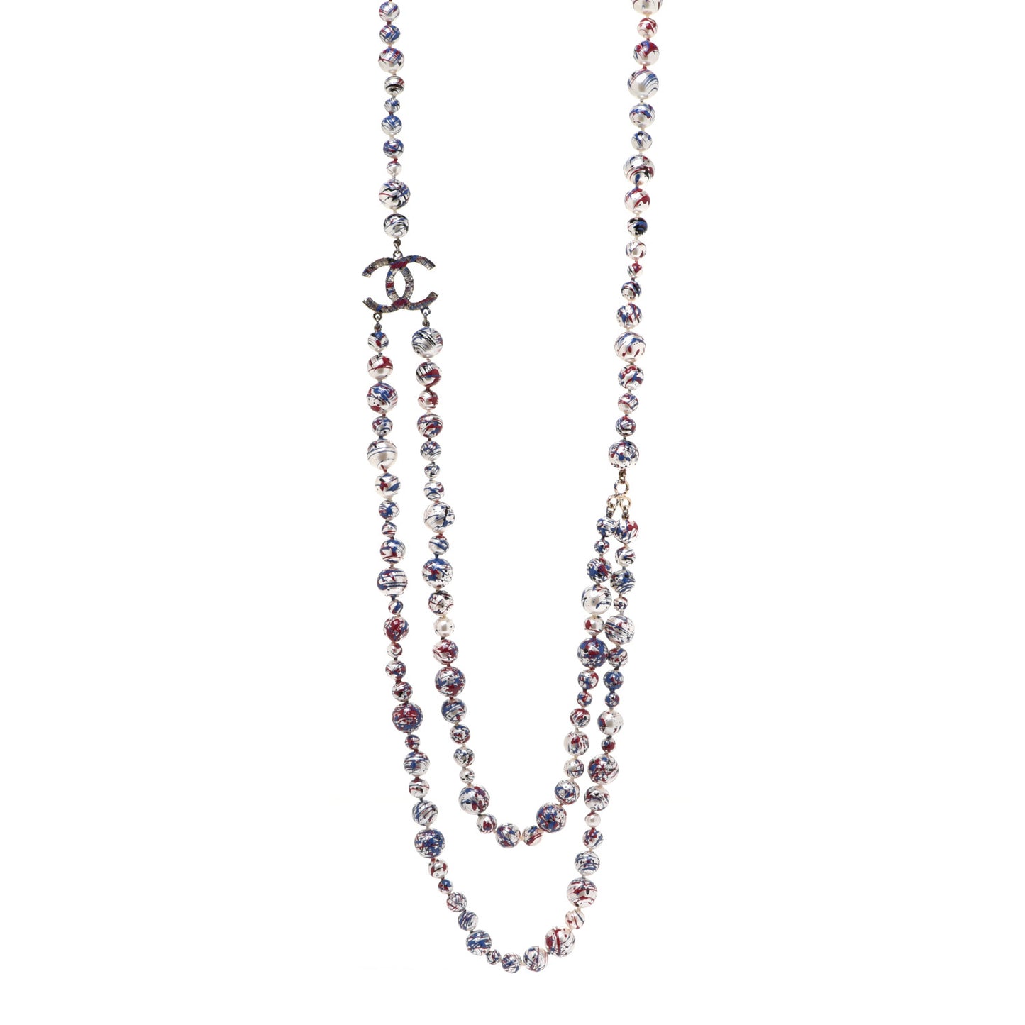 Pearl CC Graffiti Long Necklace Red White Blue Gold