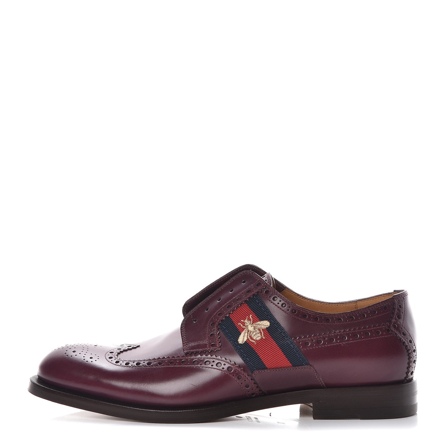 Gucci Calfskin Web Bee Embroidered Mens Slip-On Brogue Wingtip Derby Shoes 10 Bordeaux 1 of 12