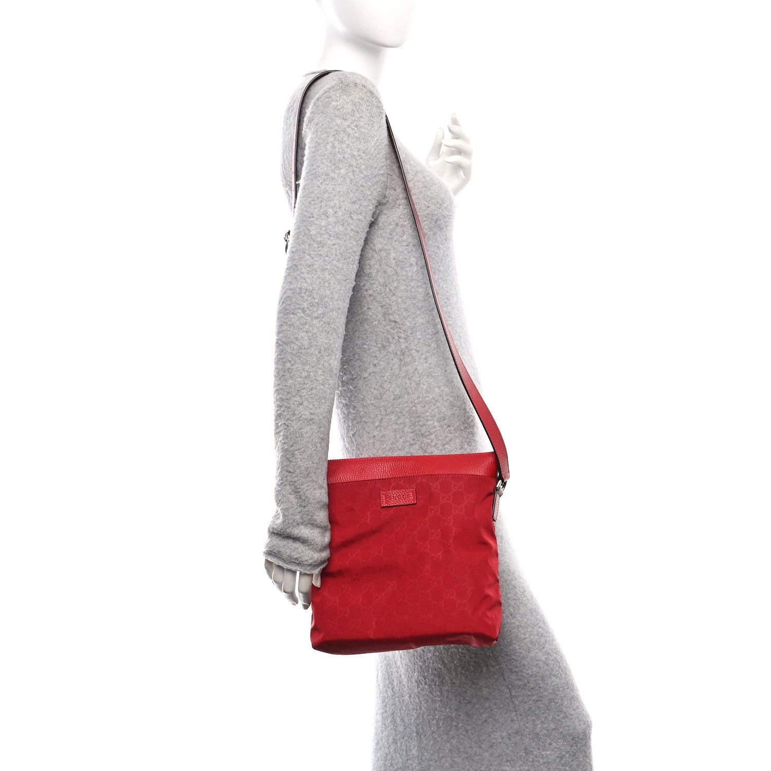 Gucci Nylon Monogram Dollar Calfskin Flat Messenger Bag Vibrant Red 2 of 11