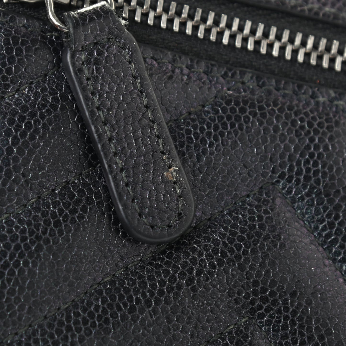 Iridescent Caviar Chevron Quilted Compact Flap Wallet Black