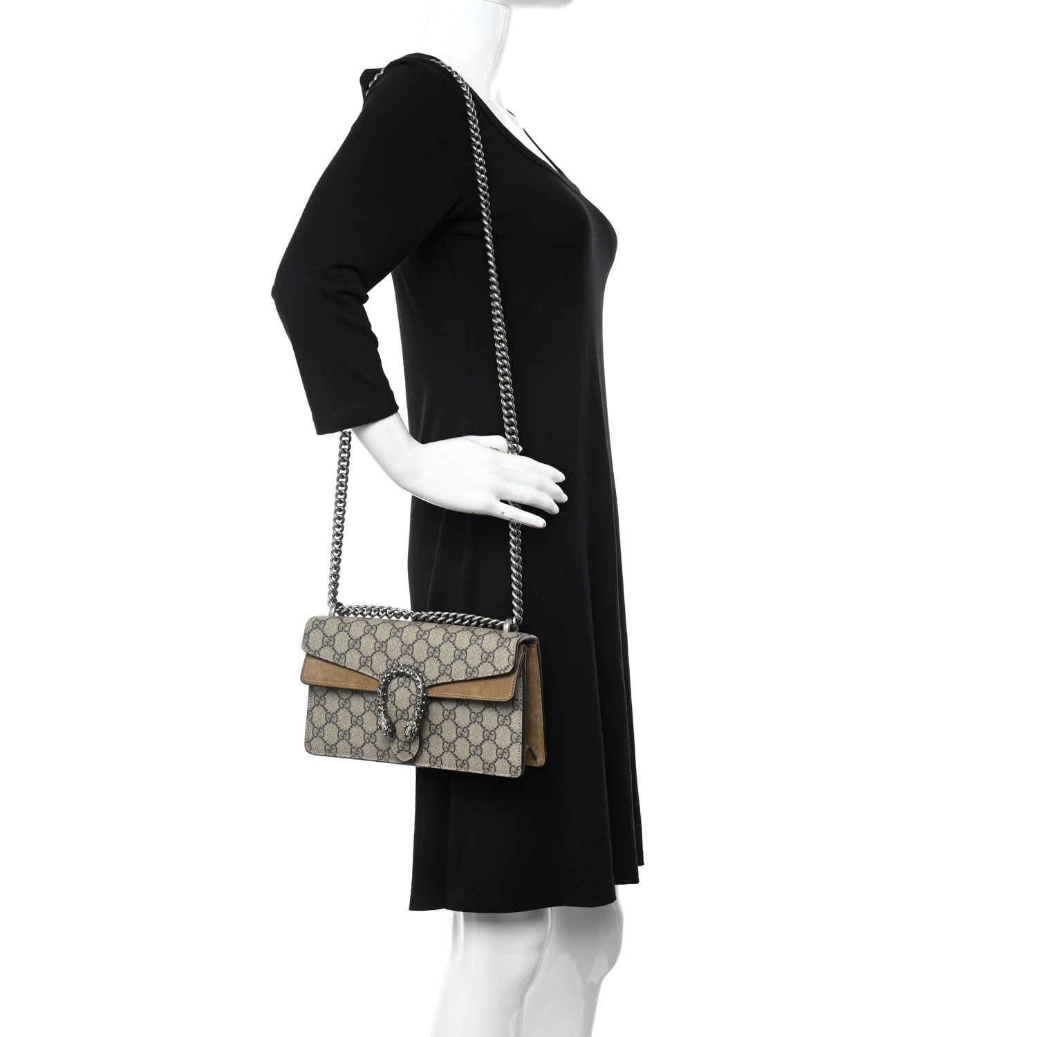 Gucci GG Supreme Monogram Suede Crystal Small Dionysus Shoulder Bag Beige Ebony Taupe 2 of 10