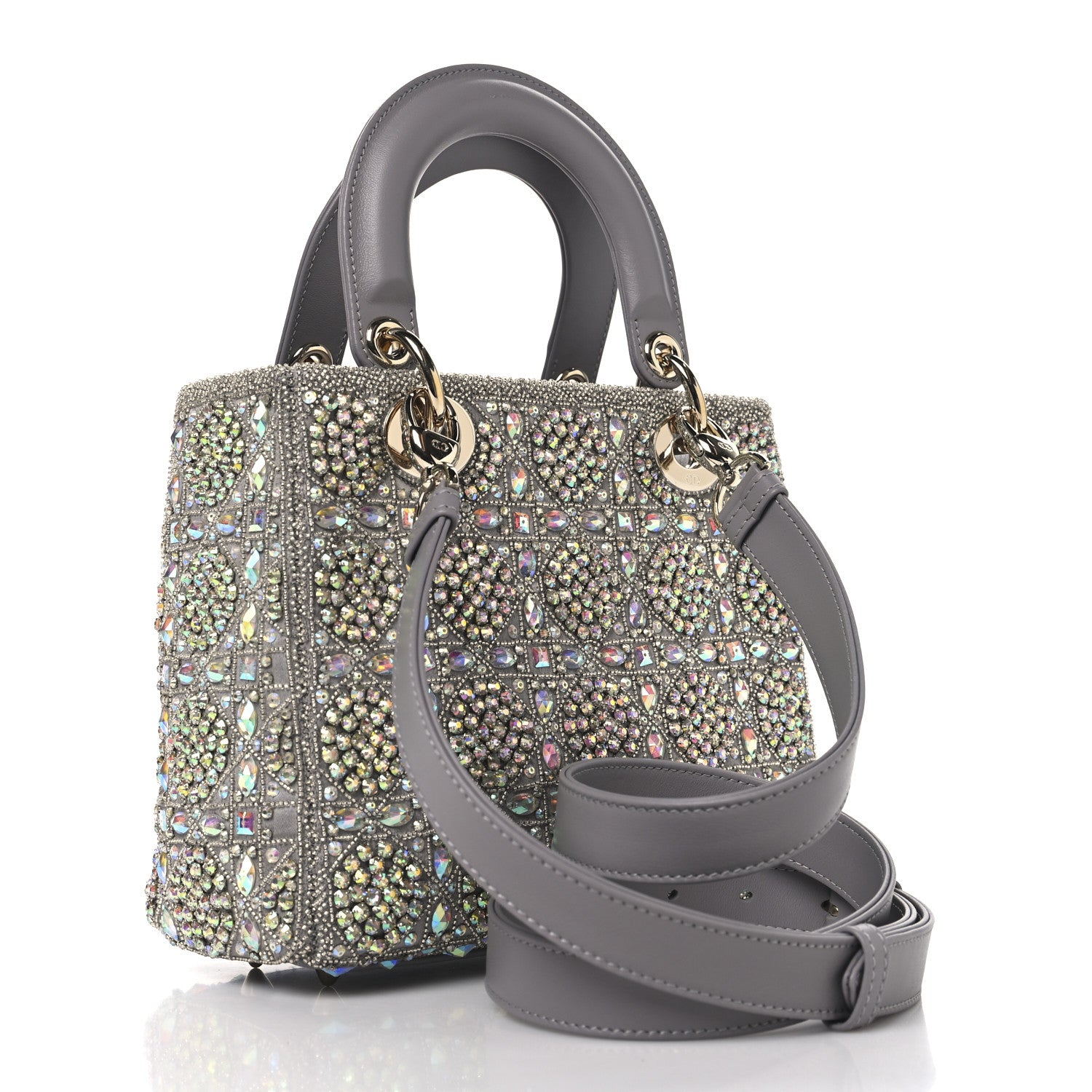 Christian Dior Calfskin Satin Celestial Bead Embroidery Embroidered Small Lady Dior Grey Multicolor 3 of 10
