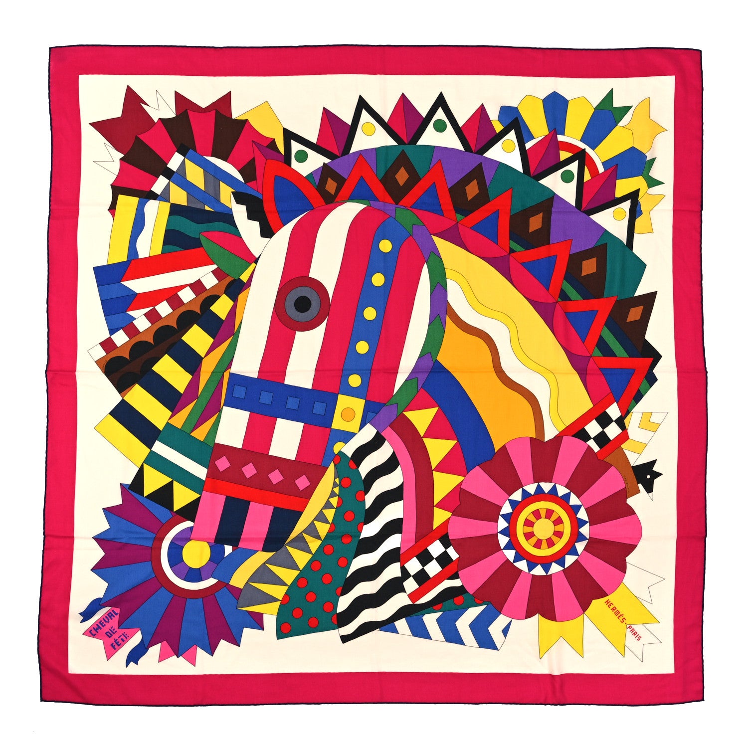 Hermes Cashmere Silk Cheval De Fete Shawl 140 Rose Vif White Multicolor 1 of 3