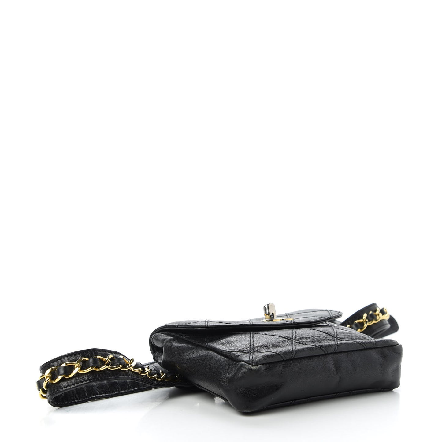 Calfskin Diamond Embossed Flap Waist Belt Bag Black