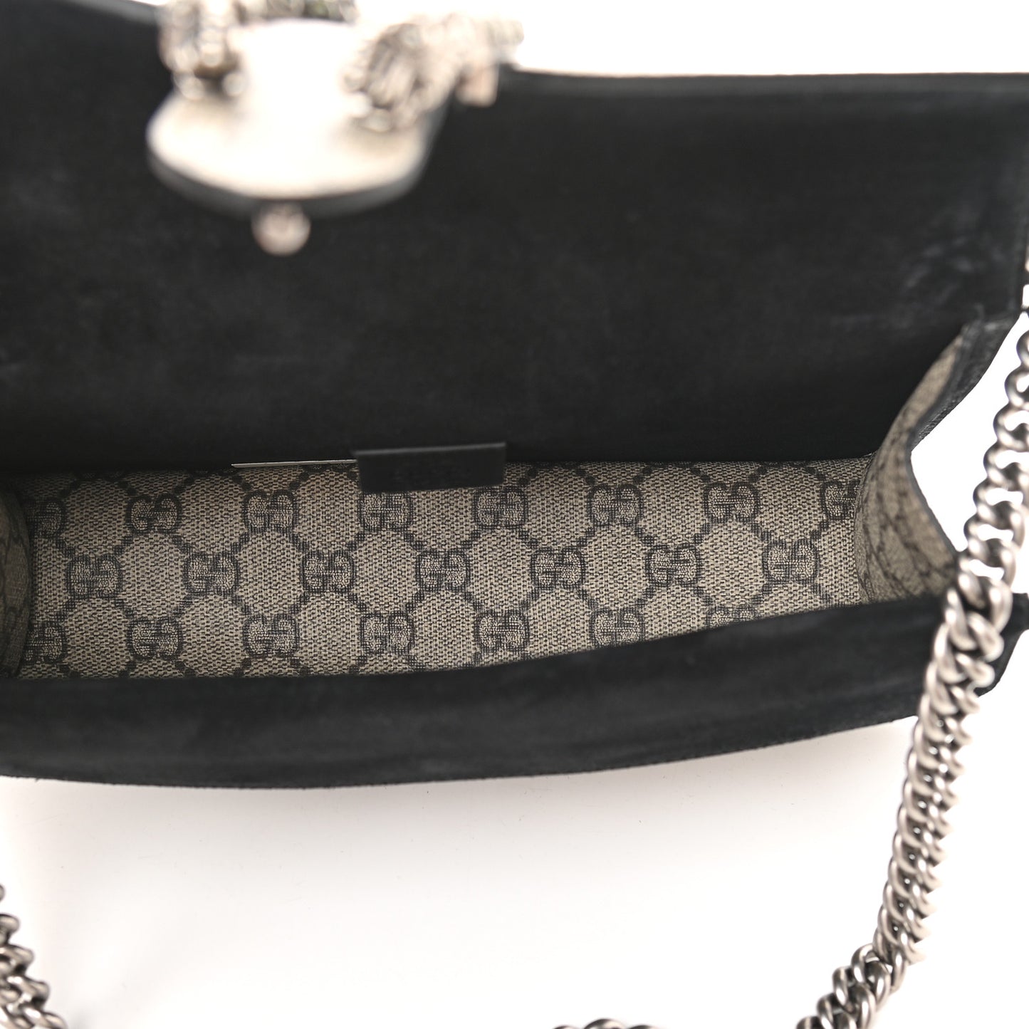 GG Supreme Monogram Suede Crystal Small Dionysus Shoulder Bag Beige Ebony Black