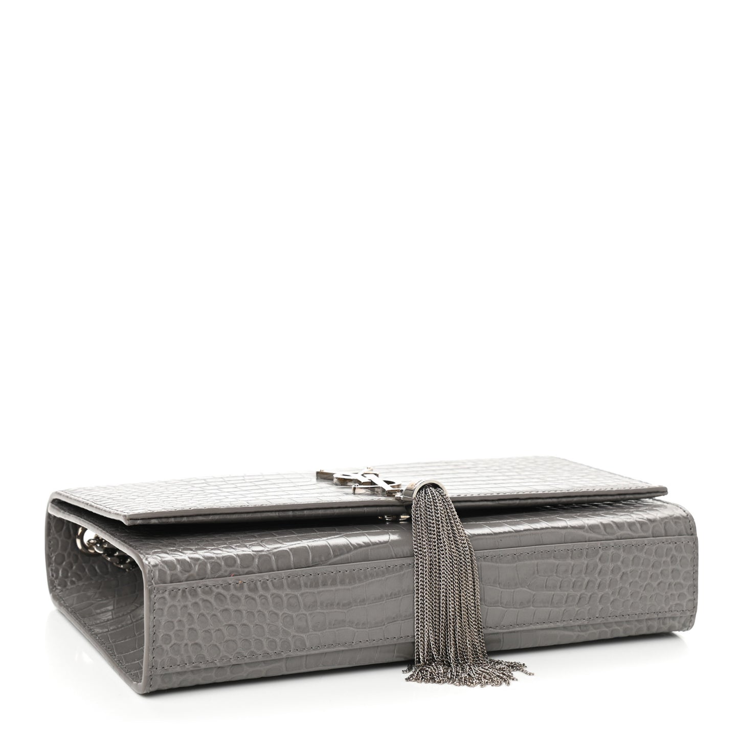 Calfskin Crocodile Embossed Medium Classic Monogram Kate Tassel Satchel Earth Grey