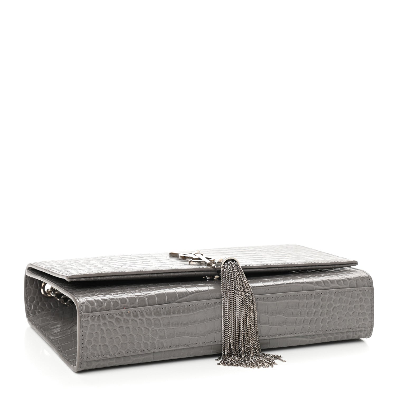 Saint Laurent Calfskin Crocodile Embossed Medium Classic Monogram Kate Tassel Satchel Earth Grey 4 of 9