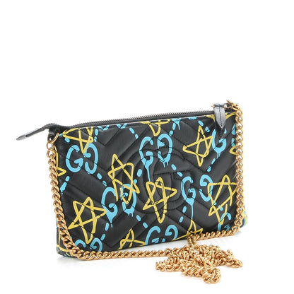 Gucci Calfskin Matelasse Printed Mini GucciGhost GG Marmont Chain Bag Black New Acquamarine 3 of 10