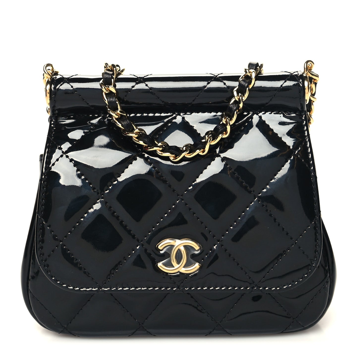 Patent Quilted Frame Clutch Flap With Chain Black