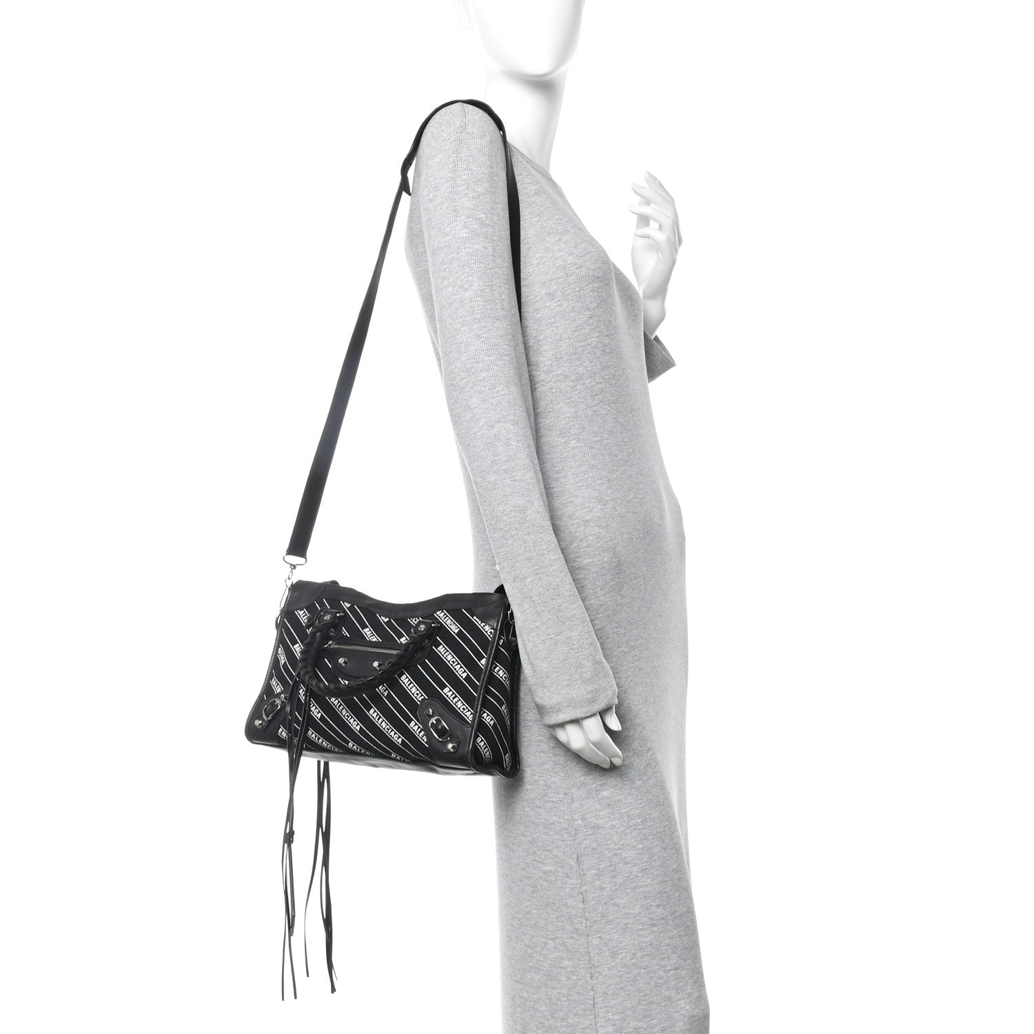 Balenciaga Canvas Satin Calfskin Diagonal Allover Logo Print Classic Silver Hardware S City Black White 2 of 12