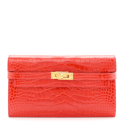 Hermes Shiny Alligator Kelly Longue Wallet Geranium 1 of 8