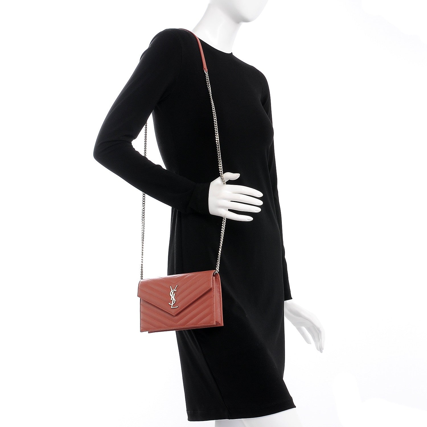 Saint Laurent Grain De Poudre Matelasse Chevron Monogram Envelope Chain Wallet Blush Fonce 2 of 12