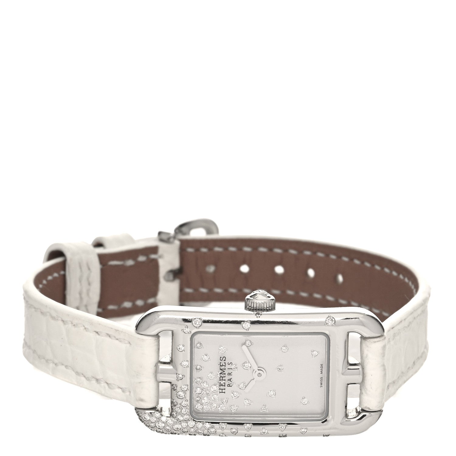 Hermes Stainless Steel Alligator Diamond 17mm Nantucket Jete De Diamants Quartz Watch Blanc 2 of 5
