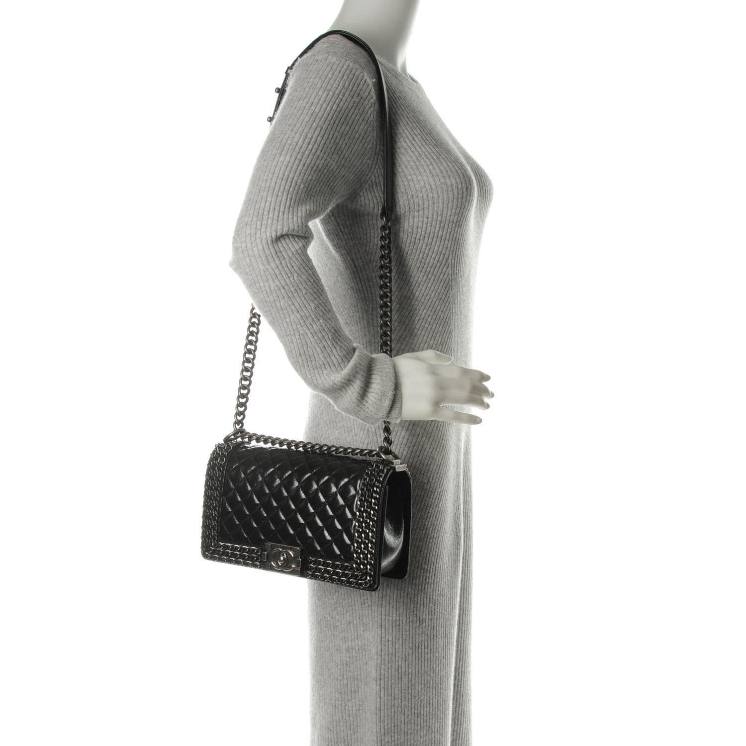 Chanel Glazed Calfskin Quilted Medium Boy Chained Flap Black 2 of 7