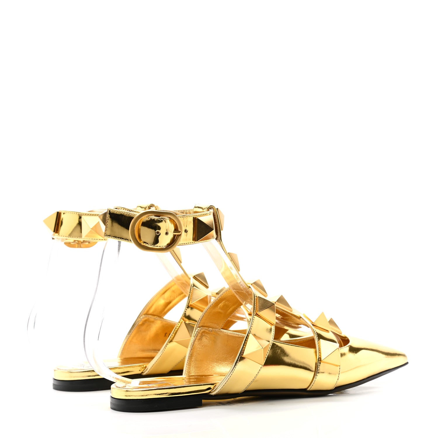 Valentino Garavani Metallic Patent Roman Stud Ankle Strap Flat Mules 37.5 Antique Brass 4 of 9
