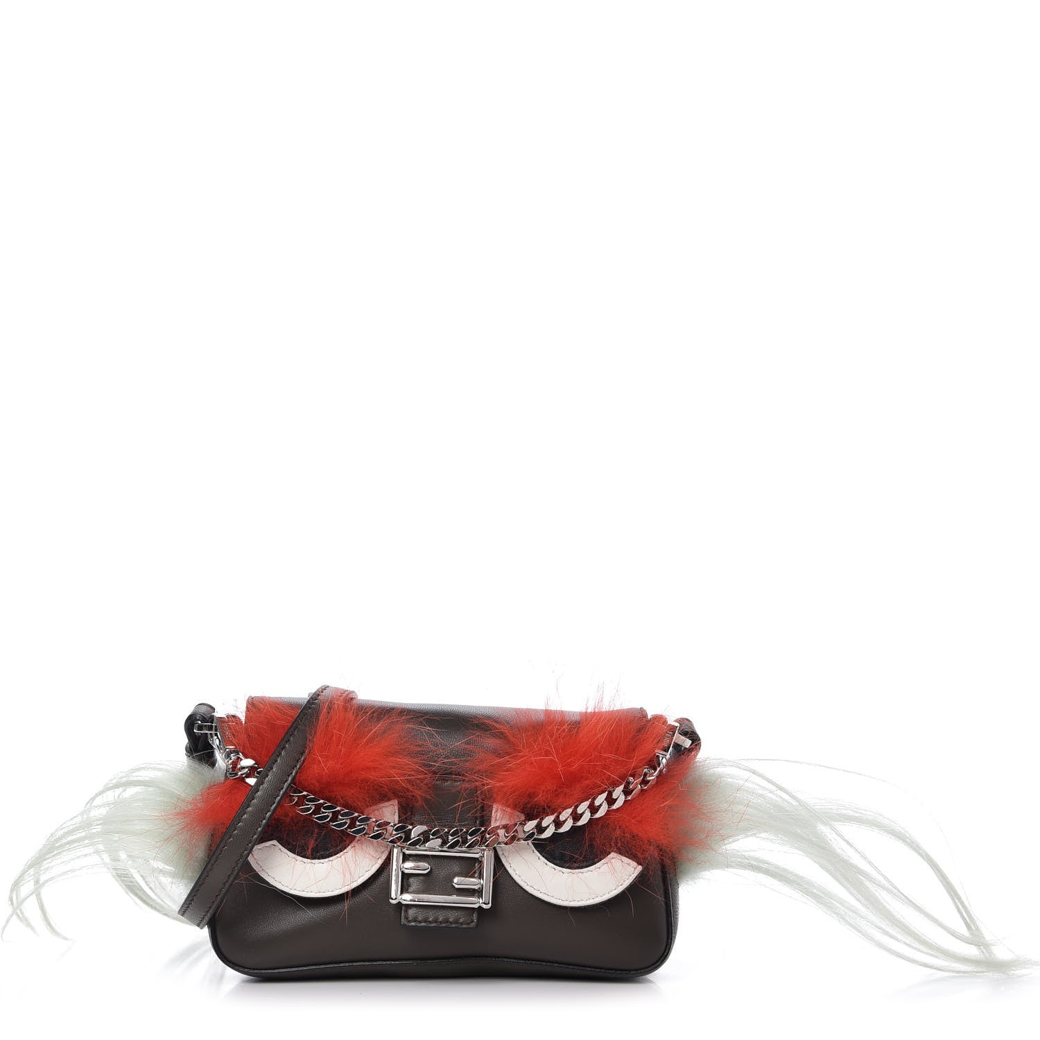 Fendi Nappa Shatoosh Fox Goat Fur Monster Micro Baguette Carbone Tangerine Luna 1 of 9