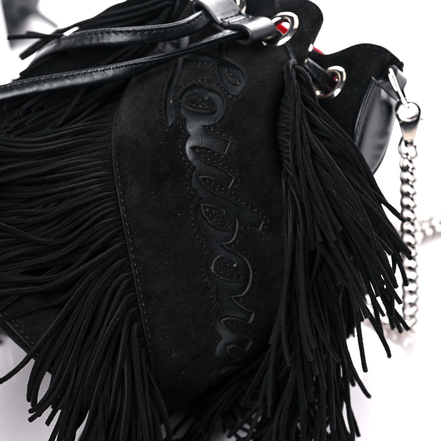 Suede Calfskin Fringe Marie Jane Bucket Black