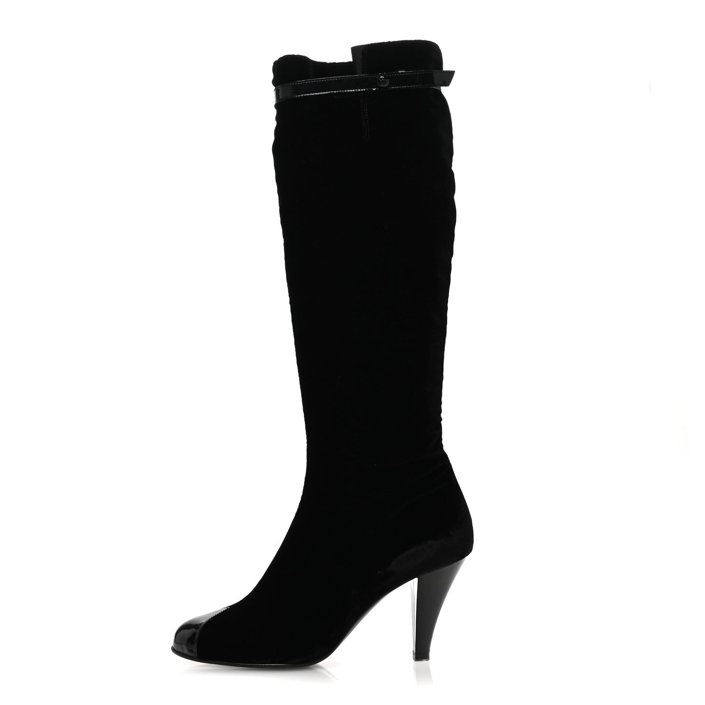 Velvet Patent Cap Toe Knee High Boots 37.5 Black