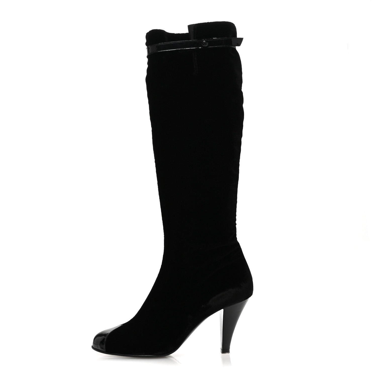 Chanel Velvet Patent Cap Toe Knee High Boots 37.5 Black 1 of 9