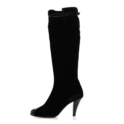 Chanel Velvet Patent Cap Toe Knee High Boots 37.5 Black 1 of 9