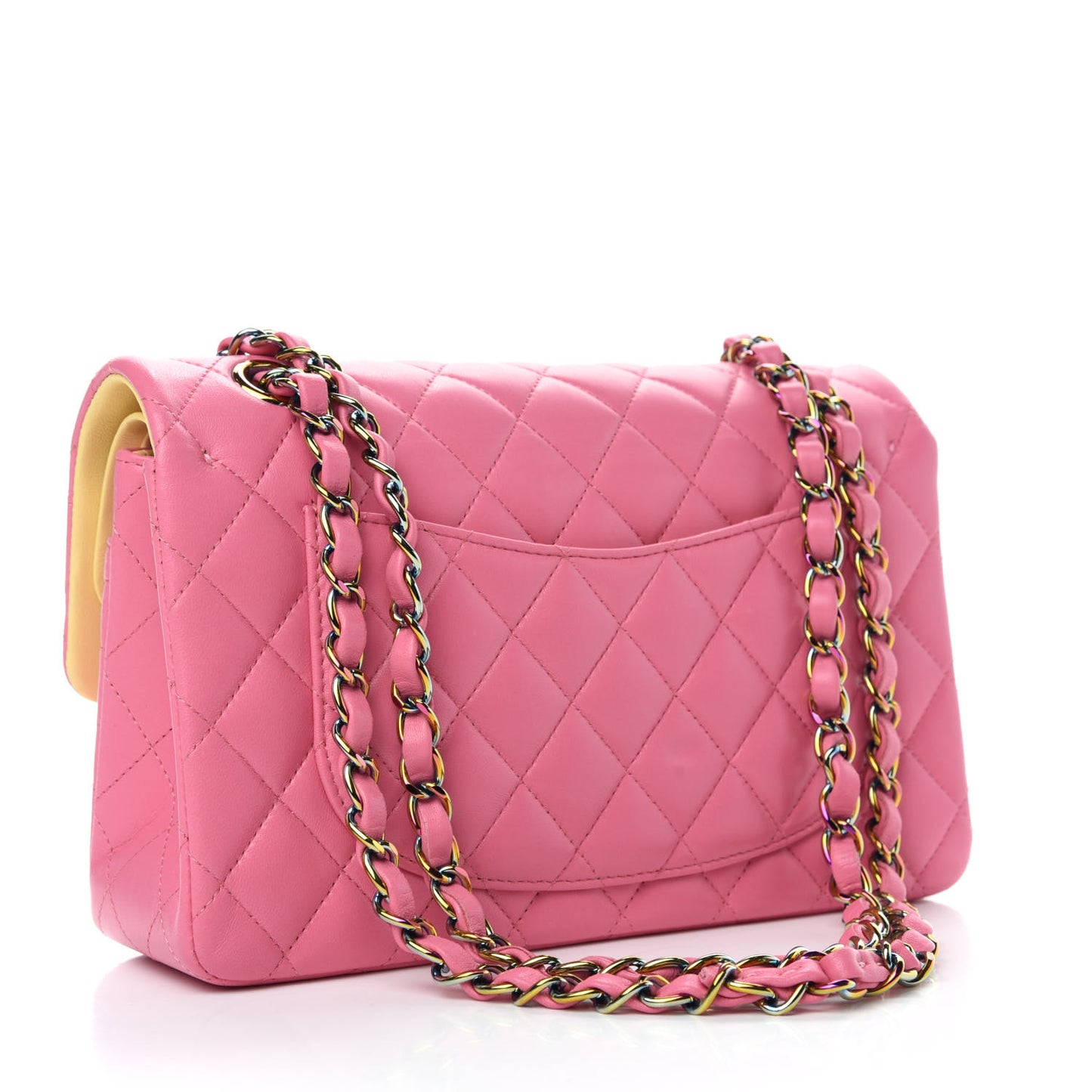 Lambskin Quilted Small Double Flap Pink Yellow