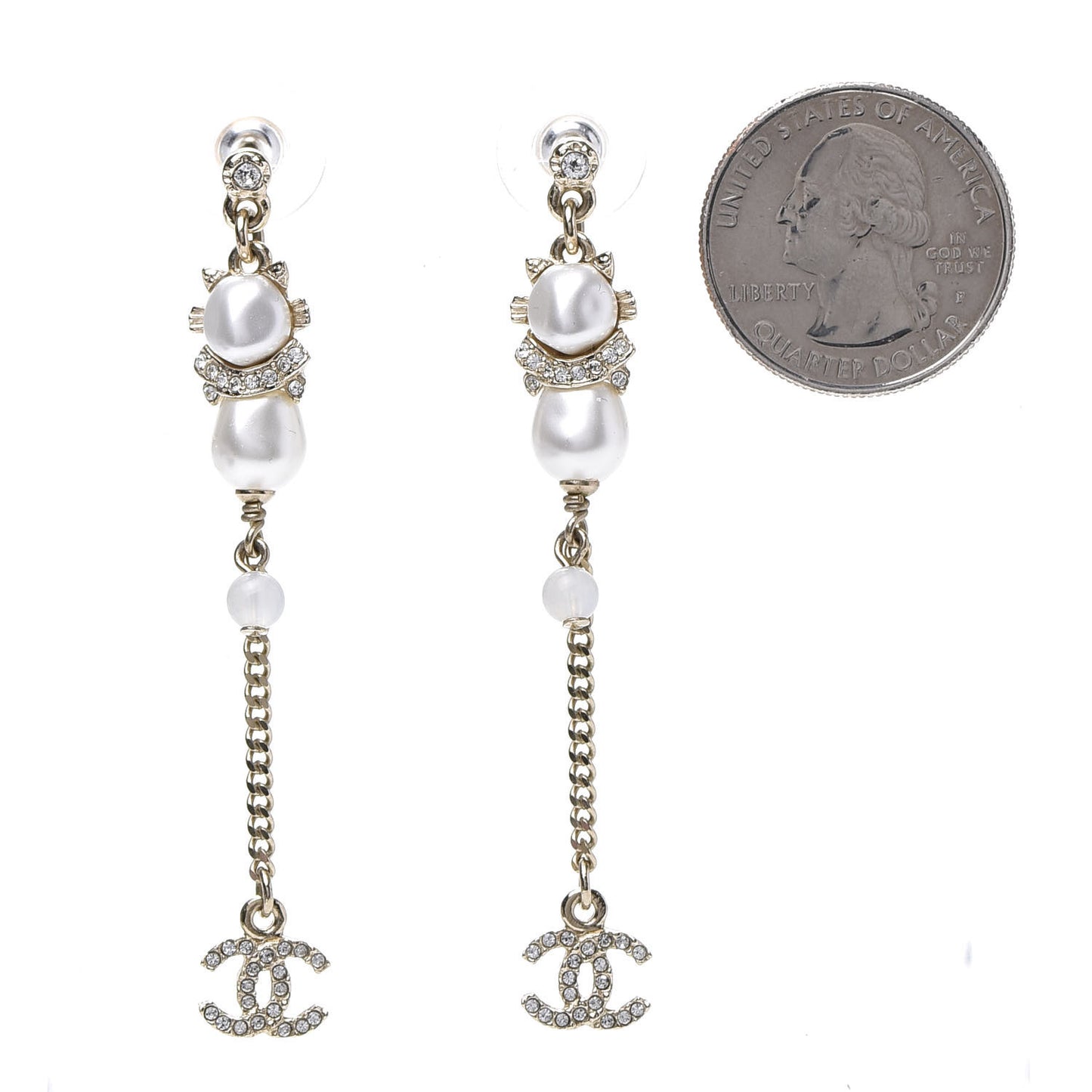 Pearl Crystal CC Drop Earrings Gold