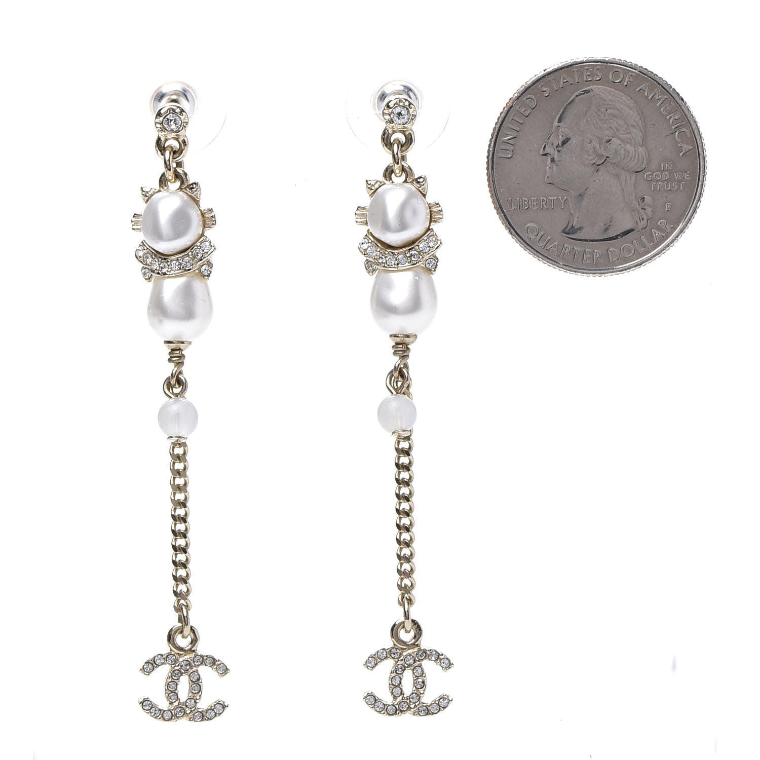 Chanel Pearl Crystal CC Drop Earrings Gold 2 of 3