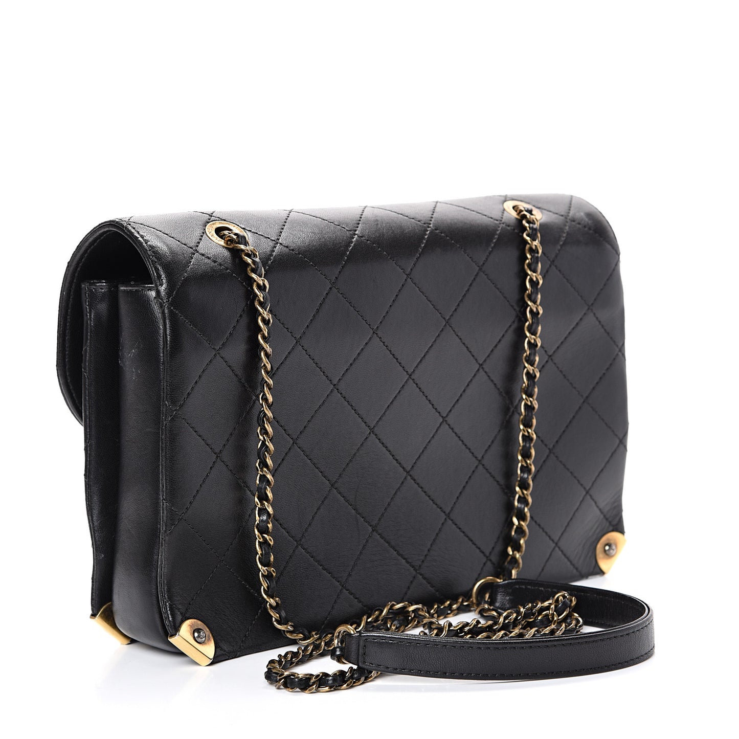 Shiny Lambskin Quilted Around The Corner Flap Black