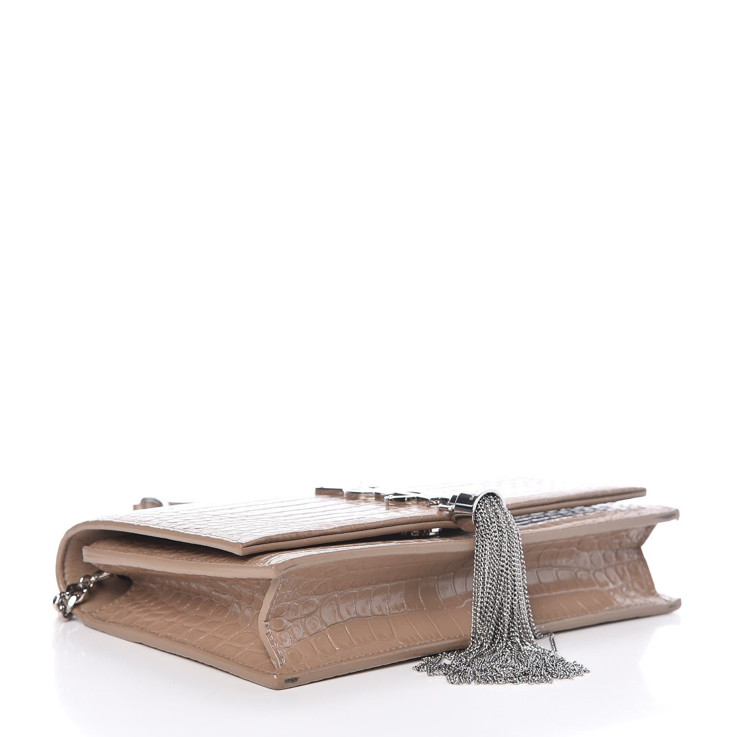 Saint Laurent Calfskin Crocodile Embossed Kate Monogram Tassel Chain Wallet Taupe 4 of 12