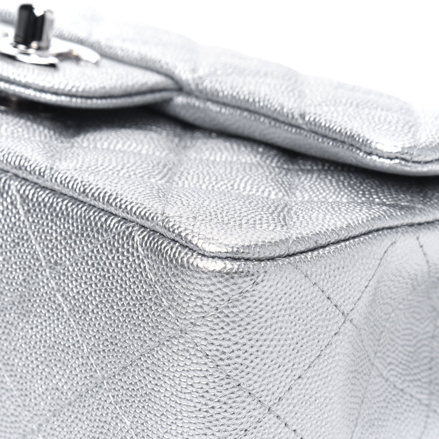 Metallic Caviar Quilted Mini Top Handle Rectangular Flap Silver