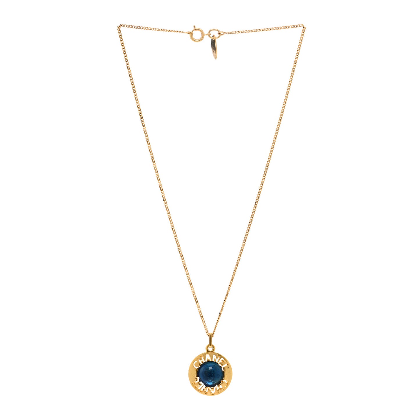 Metal Gripoix Poured Glass Pendant Necklace Gold Blue