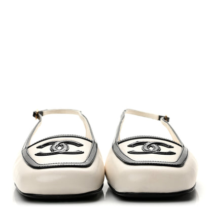 Chanel Lambskin Patent Calfskin CC Slingback Sandals 37 White Black 3 of 11
