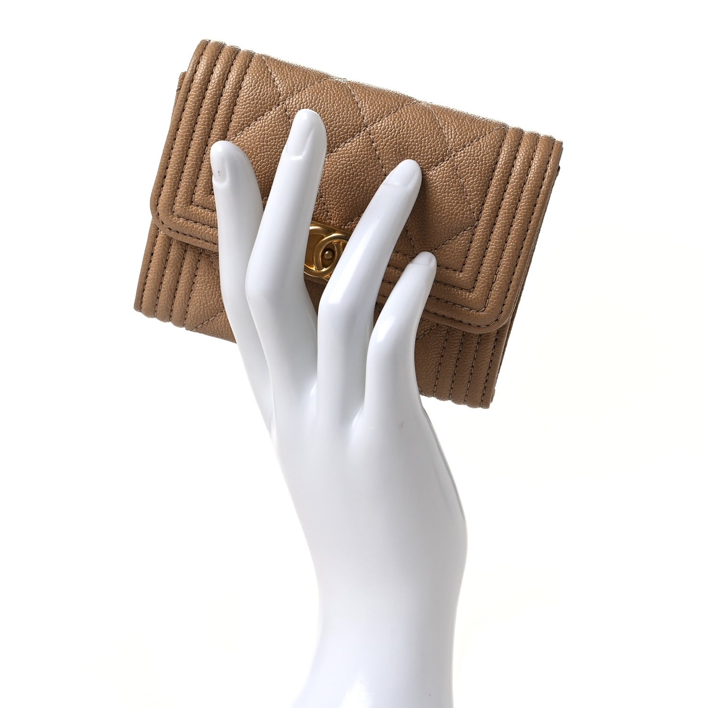 Caviar Quilted Boy Card Holder Wallet Beige