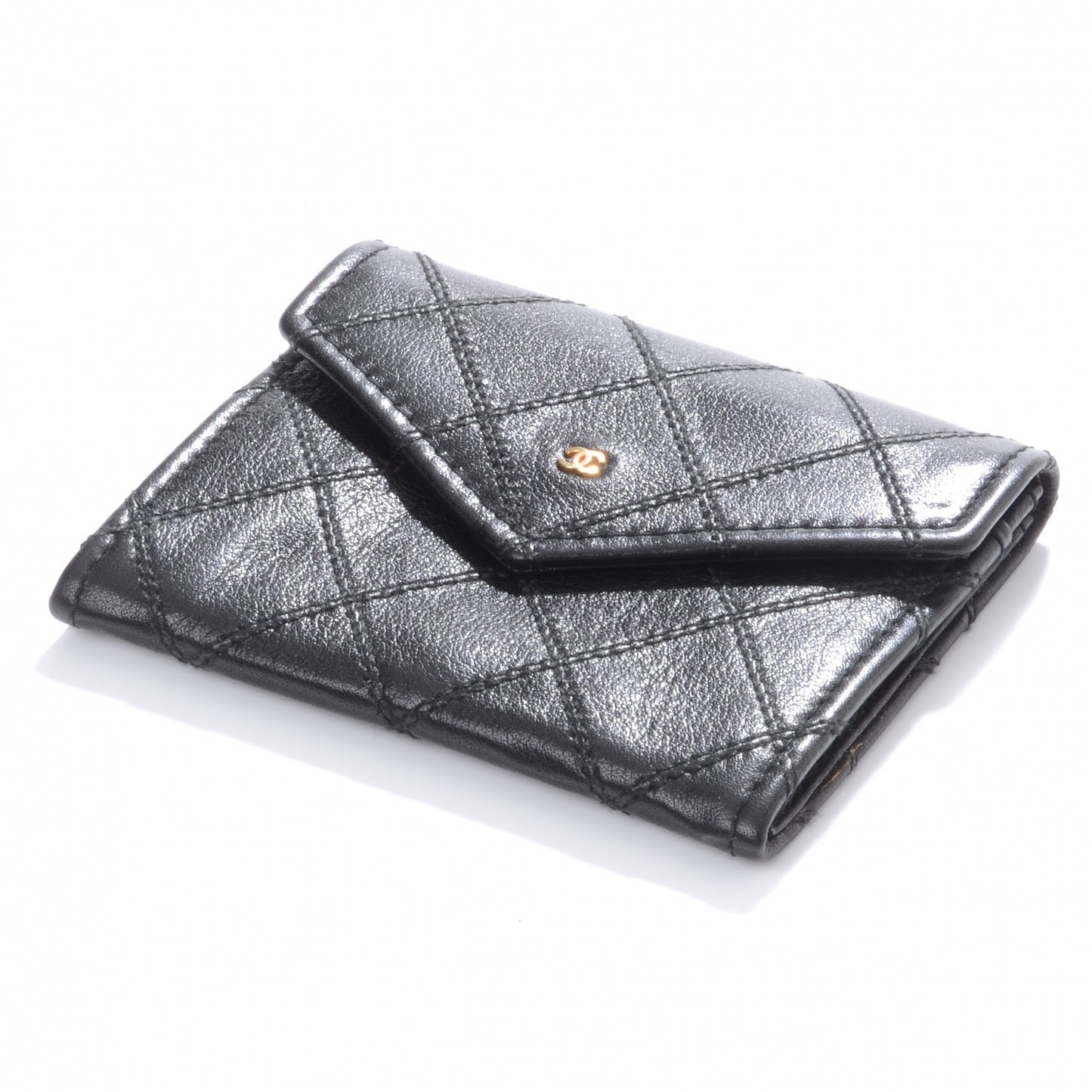Calfskin Diamond Stitched CC Card Holder Black