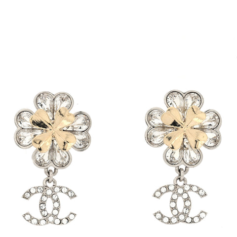 Crystal CC Clover Drop Earrings Silver Gold