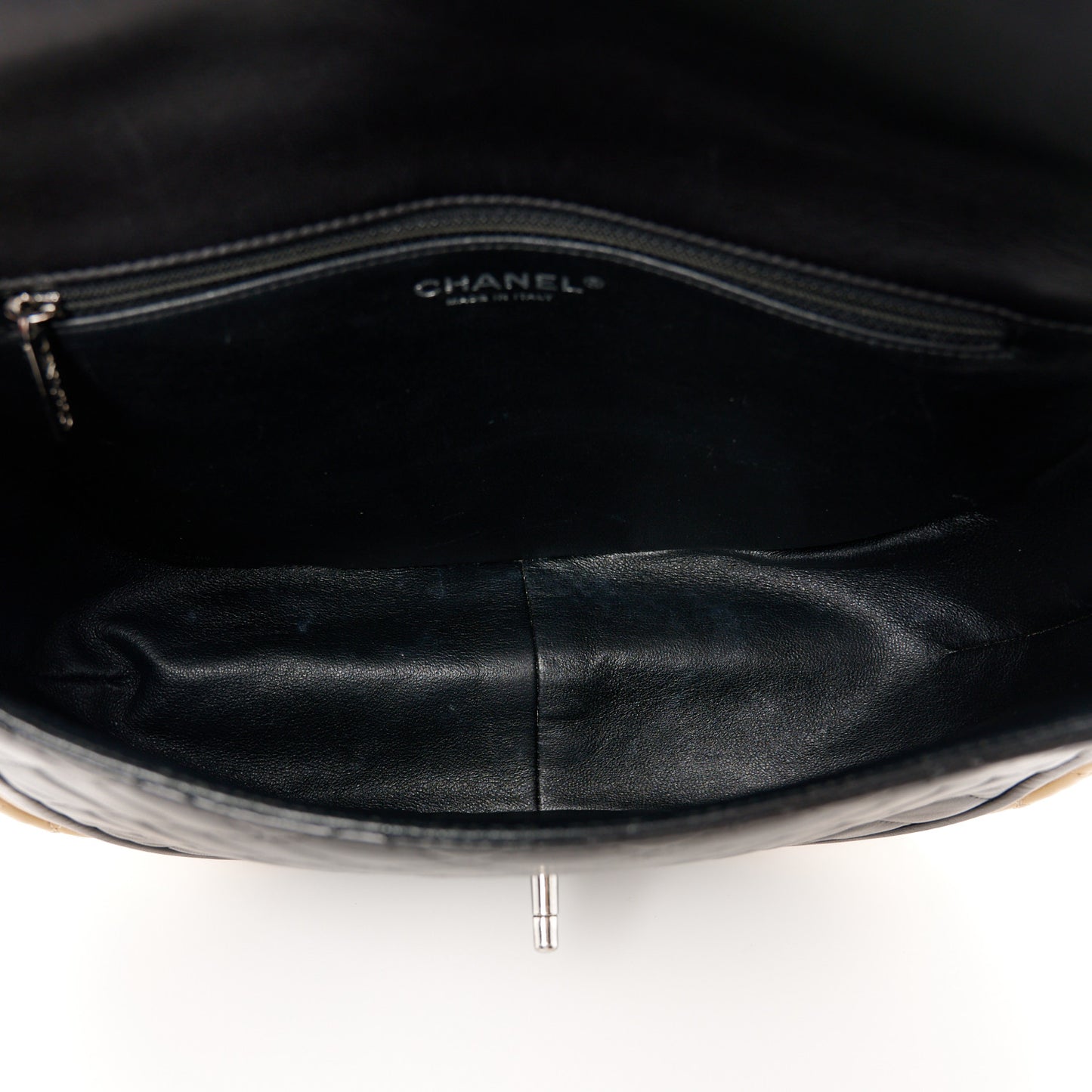 Lambskin Quilted Large Classic Twist Crescent Flap Black Beige