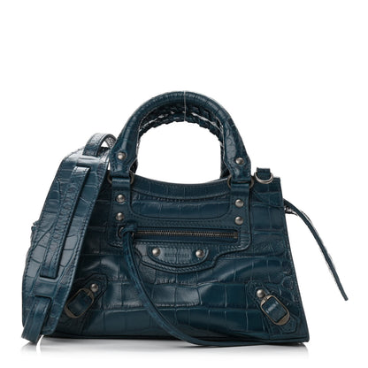 Balenciaga Calfskin Crocodile Embossed Neo Classic Silver Hardware Mini City Dark Petrol Blue 1 of 9