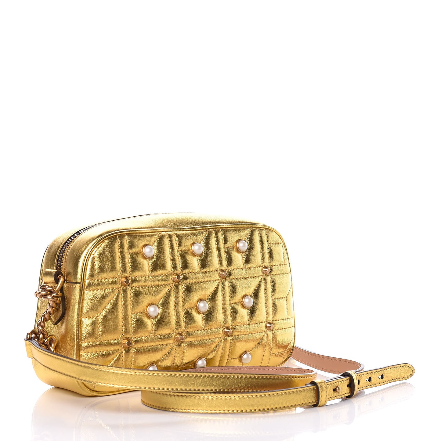 Metallic Calfskin Matelasse Studded Small Pearly GG Marmont Chain Shoulder Bag Gold
