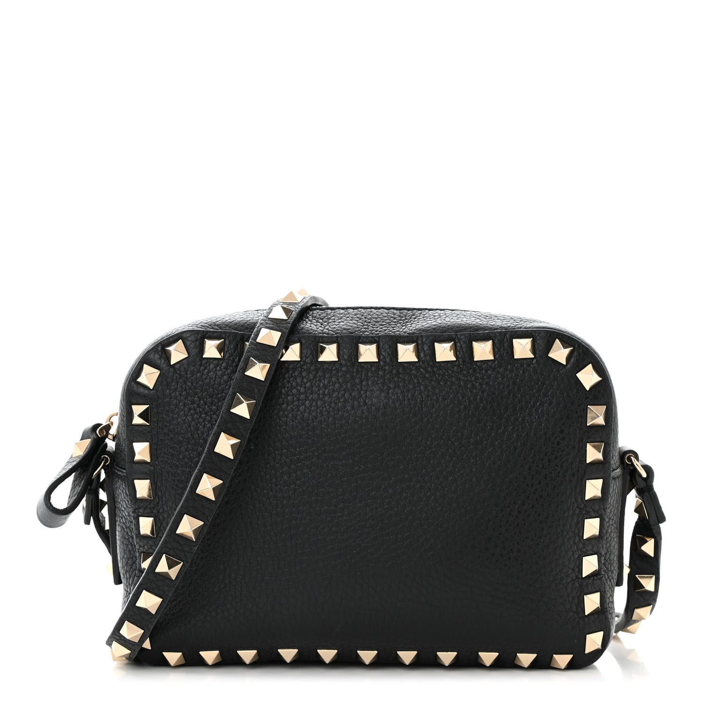 Pebbled Calfskin Rockstud Camera Crossbody Bag Black
