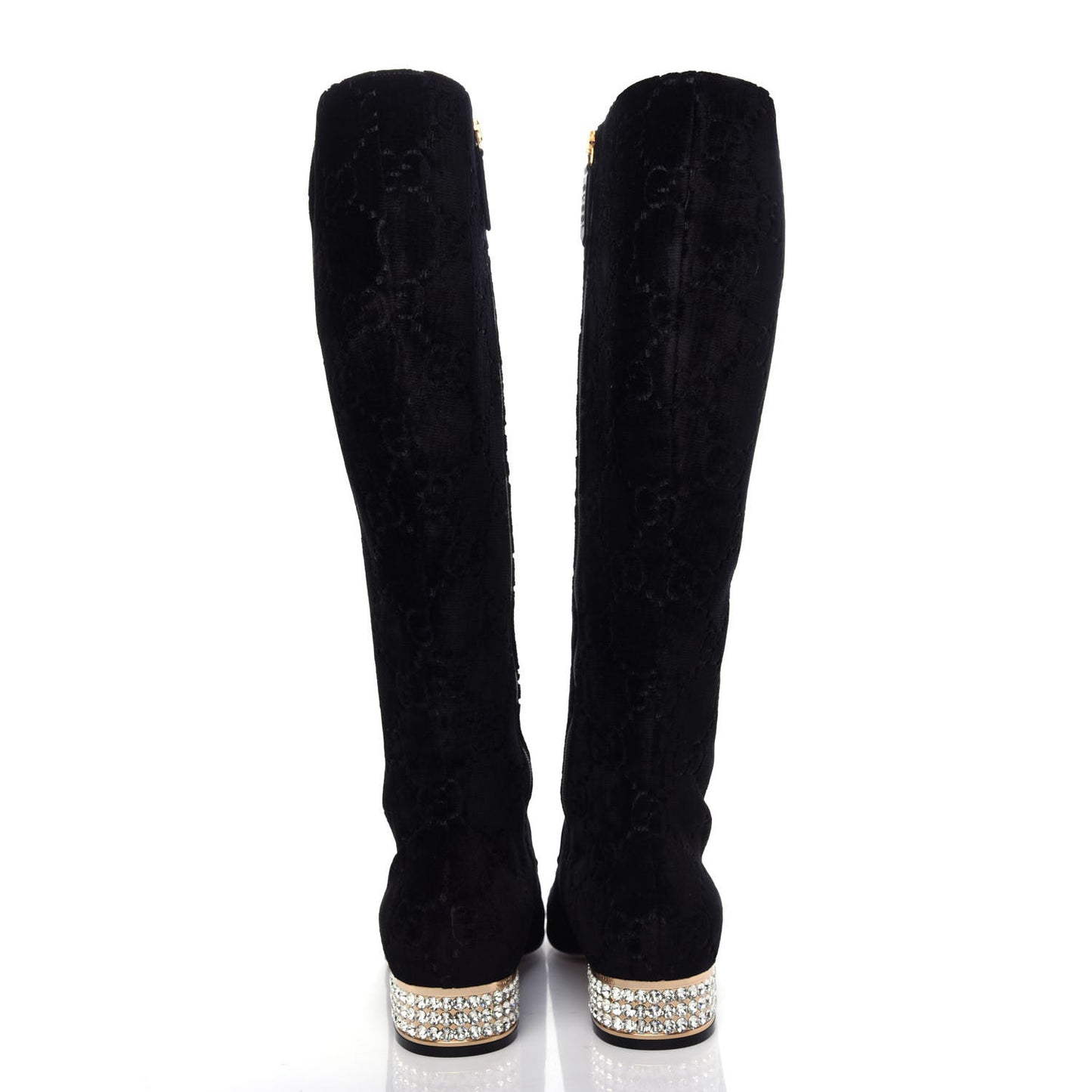 Velvet GG Monogram Crystal Horsebit Knee High Boots 37.5 Black