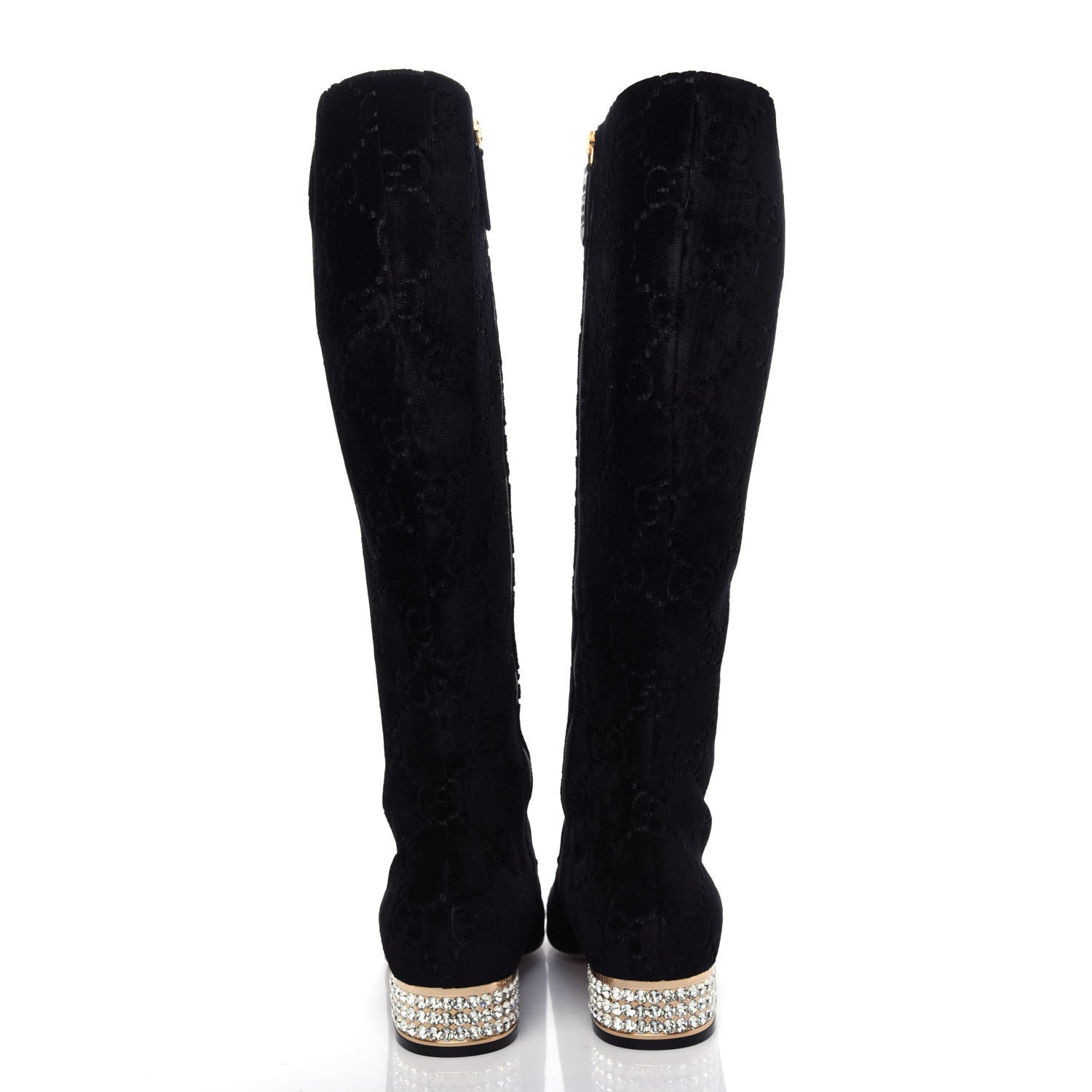 Gucci Velvet GG Monogram Crystal Horsebit Knee High Boots 37.5 Black 6 of 11