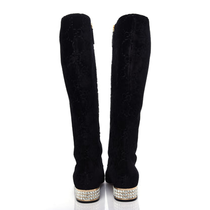 Gucci Velvet GG Monogram Crystal Horsebit Knee High Boots 37.5 Black 6 of 11