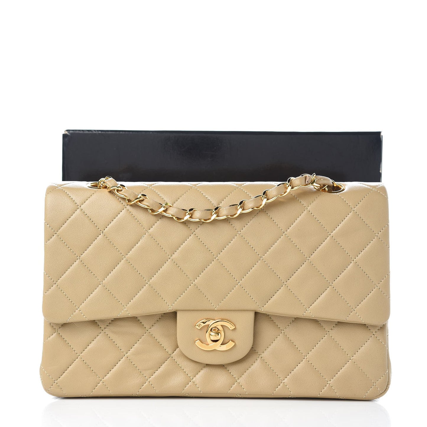 Lambskin Quilted Medium Double Flap Beige