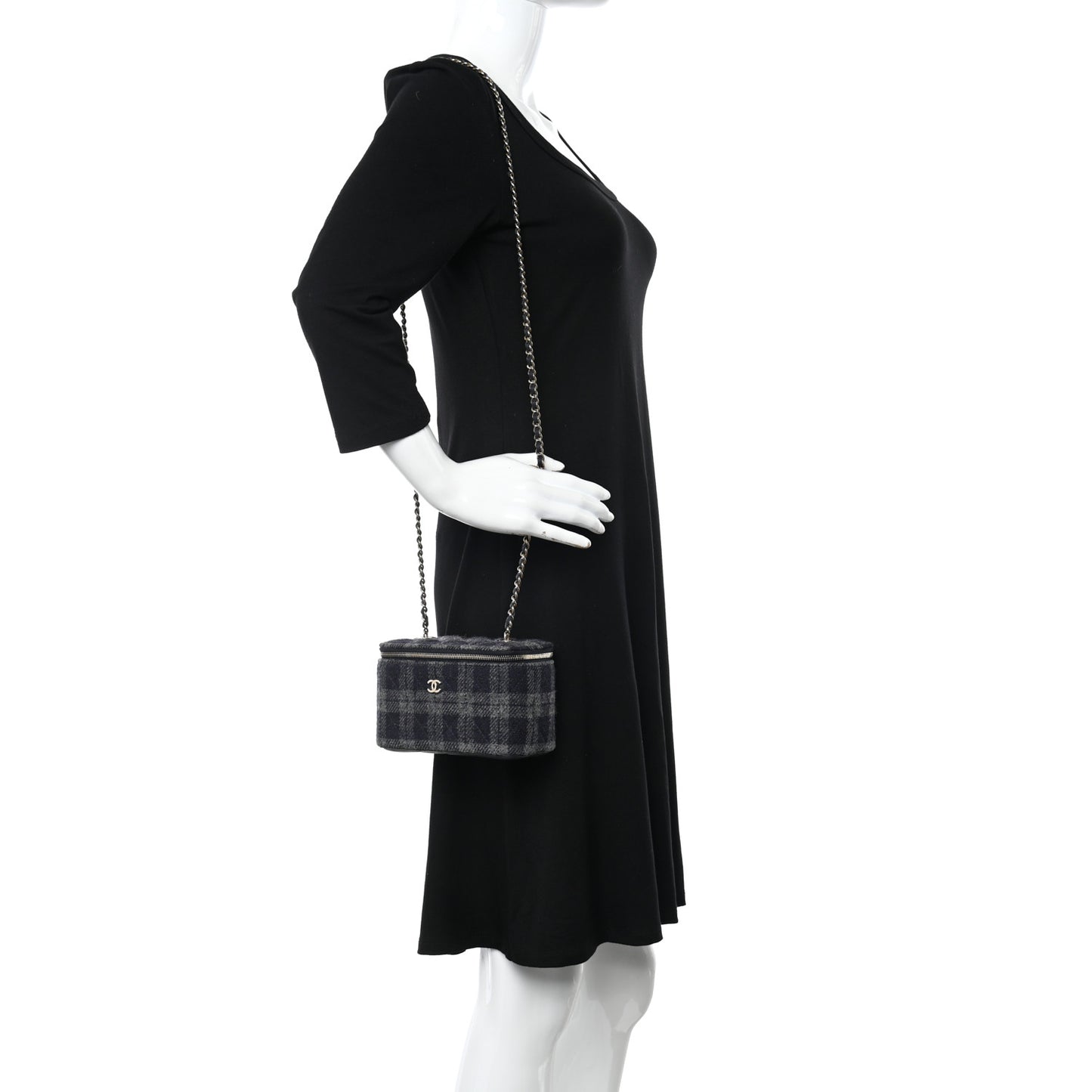 Wool Plaid Quilted Small Vanity Case With Chain Blue