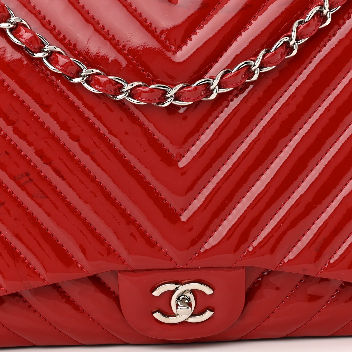 Patent Chevron Quilted Maxi Single Flap Red