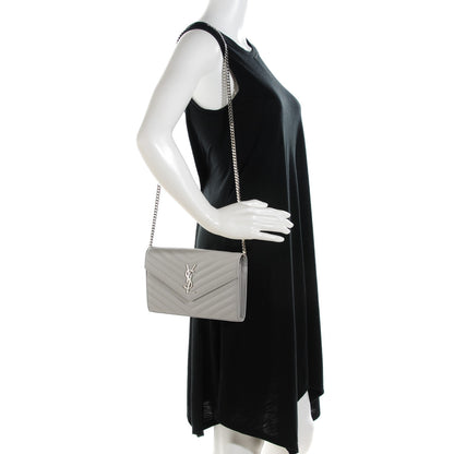 Saint Laurent Grain De Poudre Matelasse Chevron Monogram Chain Wallet Light Grey 2 of 9