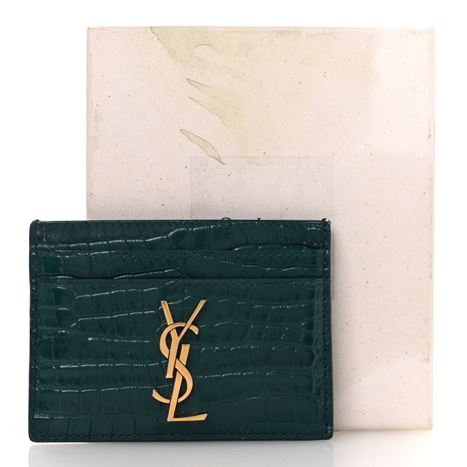 Saint Laurent Calfskin Crocodile Embossed Monogram Credit Card Case Foliage Green 10 of 10