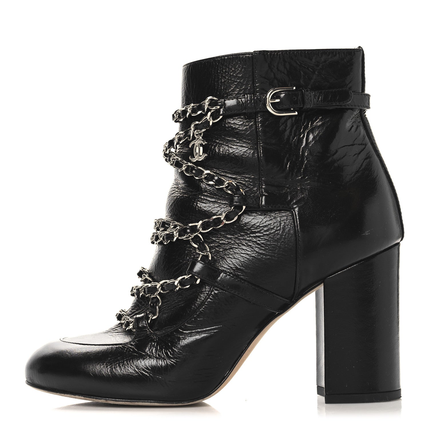 Chanel Crackled Calfskin Chain CC Short Boots 38 Black 1748413