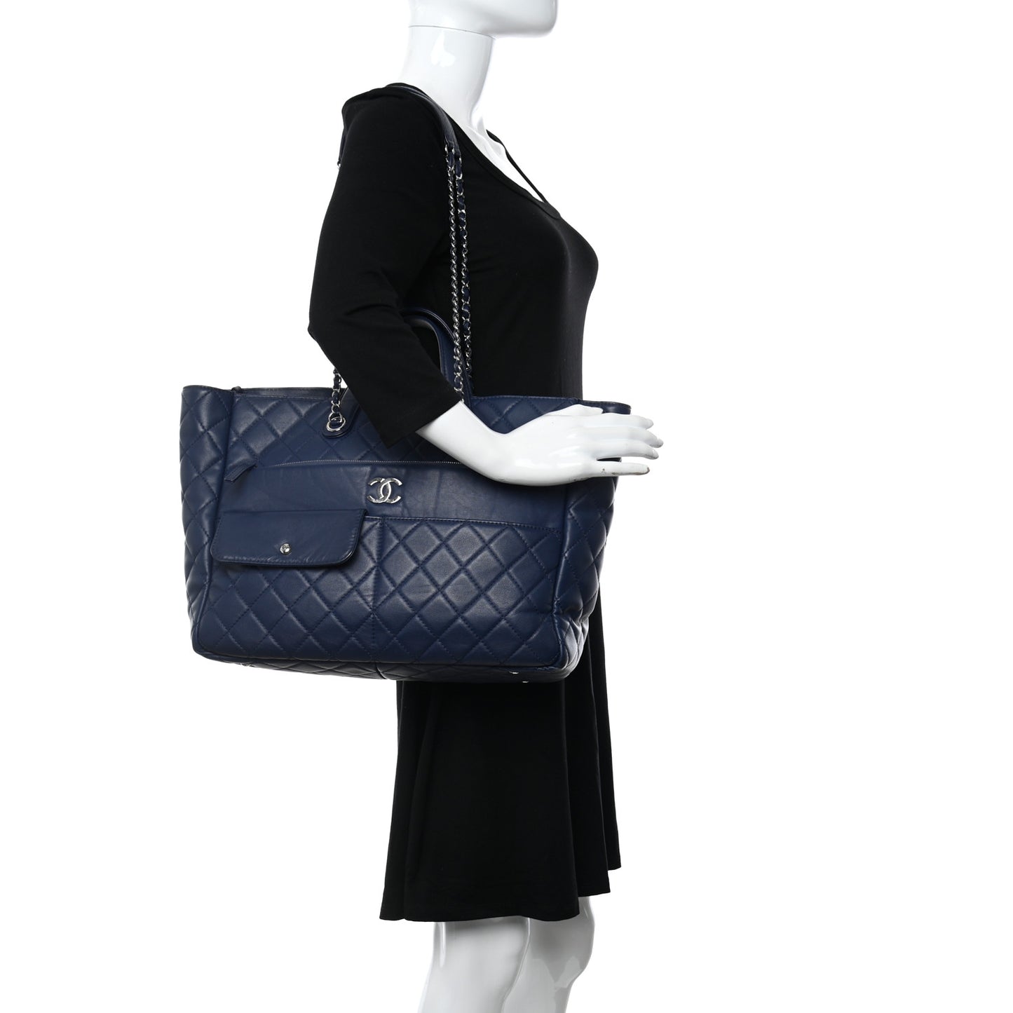 Calfskin Quilted Ultra Pocket Shopping Tote Navy